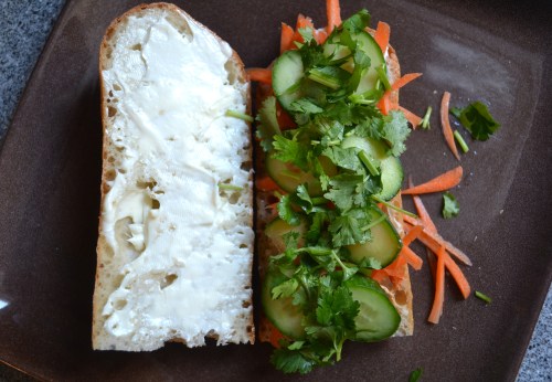 cilantro, pickled carrots, cucumber, sriracha